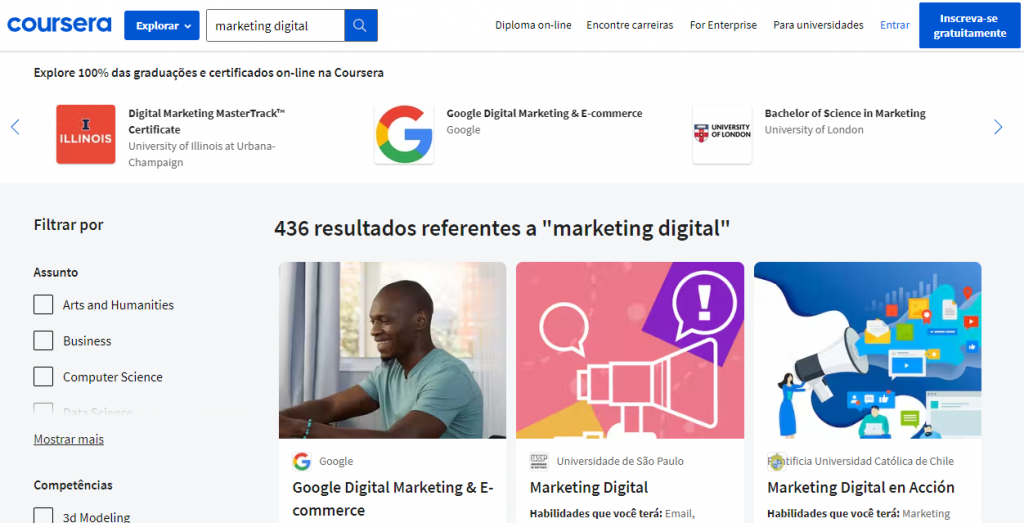 busca por cursos de marketing digital na plataforma coursera