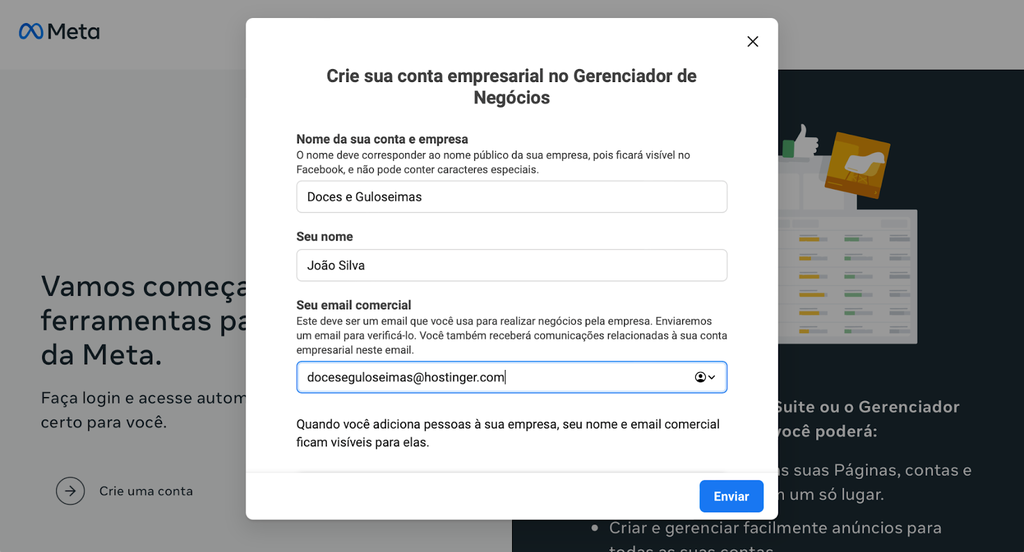 Como criar uma conta no Gerenciador de negócios do facebook?