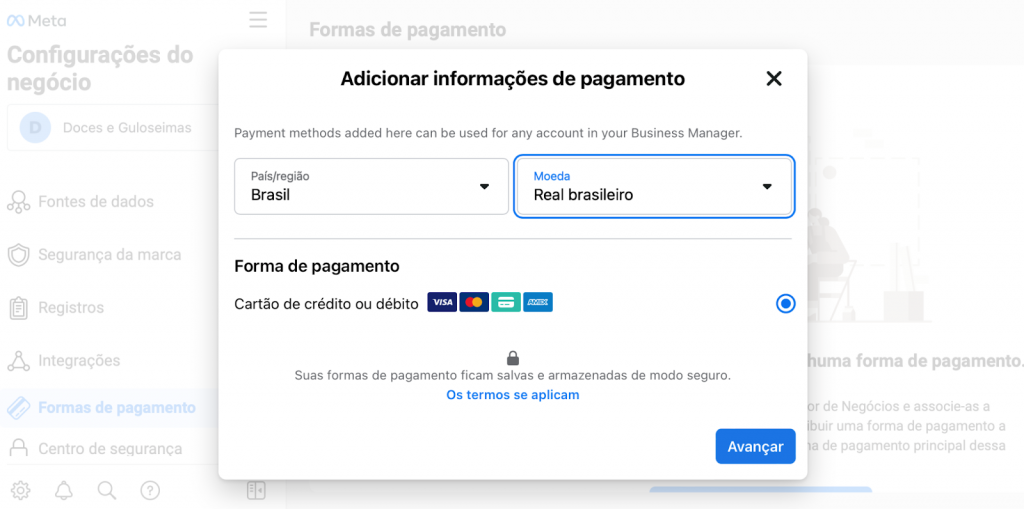 adicionando forma de pagamento no facebook ads