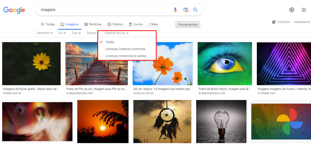 seção de pesquisa avançada de imagens do google com opções de direito de uso em destaque