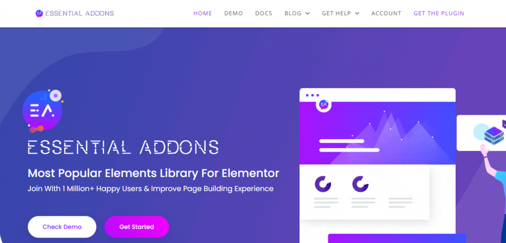 homepage do essential addons para elementor, com opções de conferir a demonstração ou conferir os planos