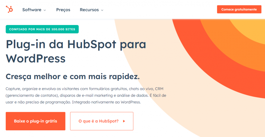 página do plugin da hubspot para wordpress, que oferece opções de baixar o plugin gratuitamente ou de descobrir o que é a hubspot.