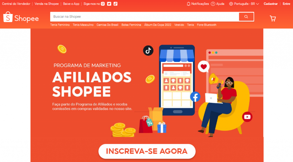 homepage do programa de afiliados da shopee