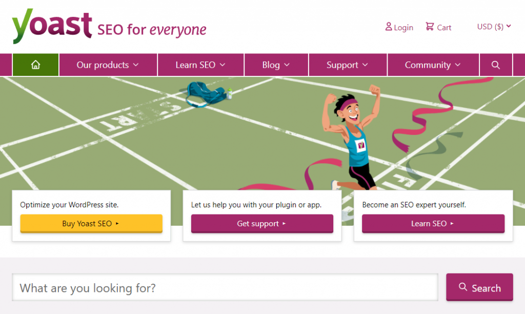 screenshot do site oficial do Yoast SEO, com opçõs para comprar o plugin, obter suporte e aprender sobre seo