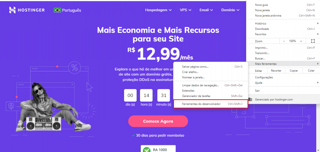 página da Hostinger com a indicação do caminho para verificar o código de status HTTP de um site