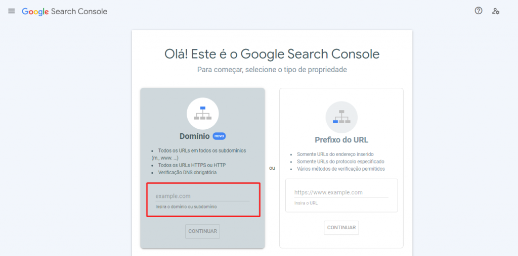 página inicial do Google Search Console