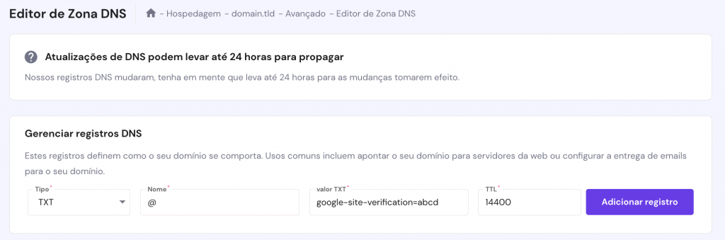 Hostinger DNS Zone Editor. O registro TXT para verificação do Google foi adicionado