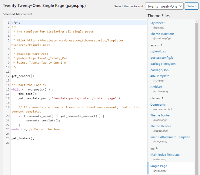 Captura de tela do arquivo page.php do tema Twenty Twenty-One no WordPress