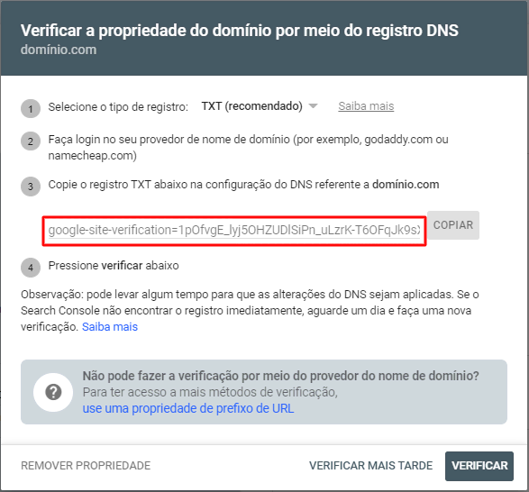 código de verificação gerado pelo Google Search Console