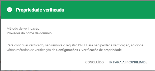 mensagem de confirmação do Google Search Console