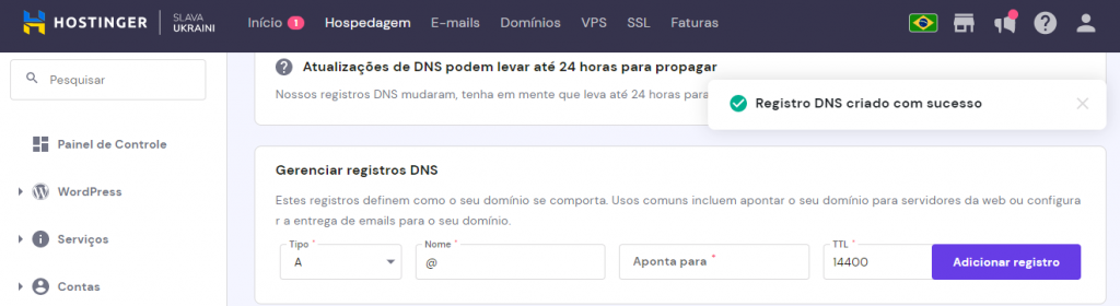 mensagem do registro DNS sendo criado com sucesso