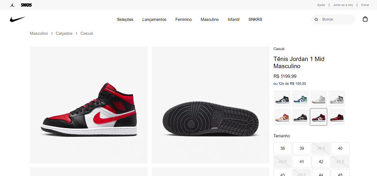 Site da Nike como exemplo de fotos de vários ângulos do produto