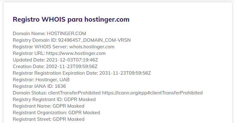 informações de registrar do domínio hostinger.com