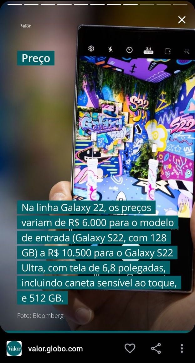 Google Web Story do Valor Econômico falando sobre os preços do galaxy S22