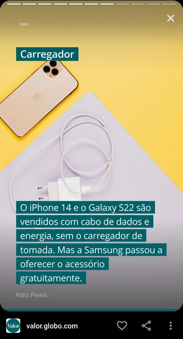 story fala que iPhone 14 e Galaxy S22 são vendidos sem carregador de tomada no Brasil