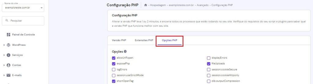 Opções PHP no menu de Configuração PHP do hPanel