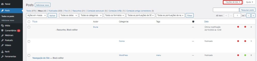 Menu de posts WordPress com destaque para o botão opções de tela