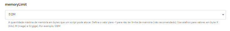 Seleção do recurso memoryLimit nas opções PHP do hPanel