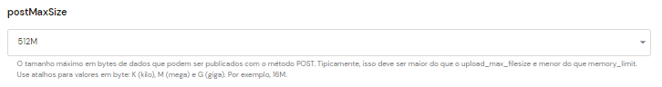 Seleção do recurso postMaxSize nas opções PHP do hPanel