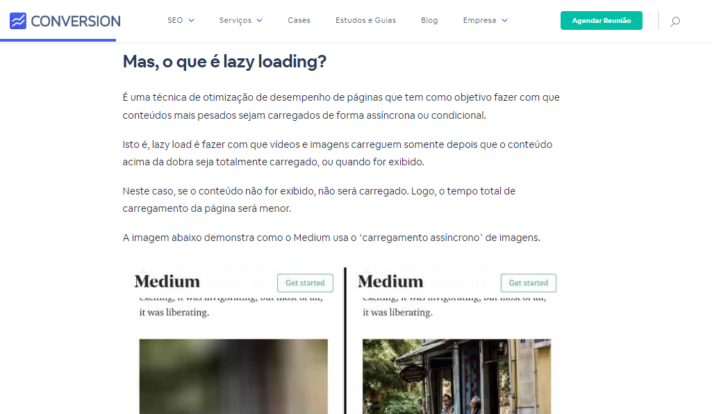 Captura de tela de uma explicação do que é lazy loading do blog do site Conversion