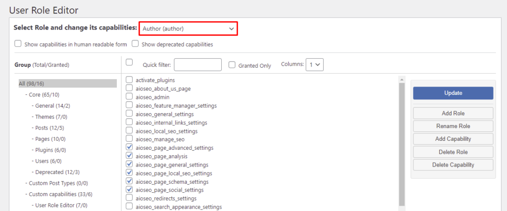 Tela de configurações do plugin User Role Editor com destaque para o menu suspenso com a opção Author selecionada