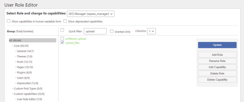 Seleção da opção upload_files no plugin User Role Editor