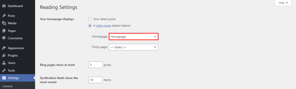 Configurações de leitura no painel WordPress, destaque para o menu suspenso com a seleção da opção Homepage