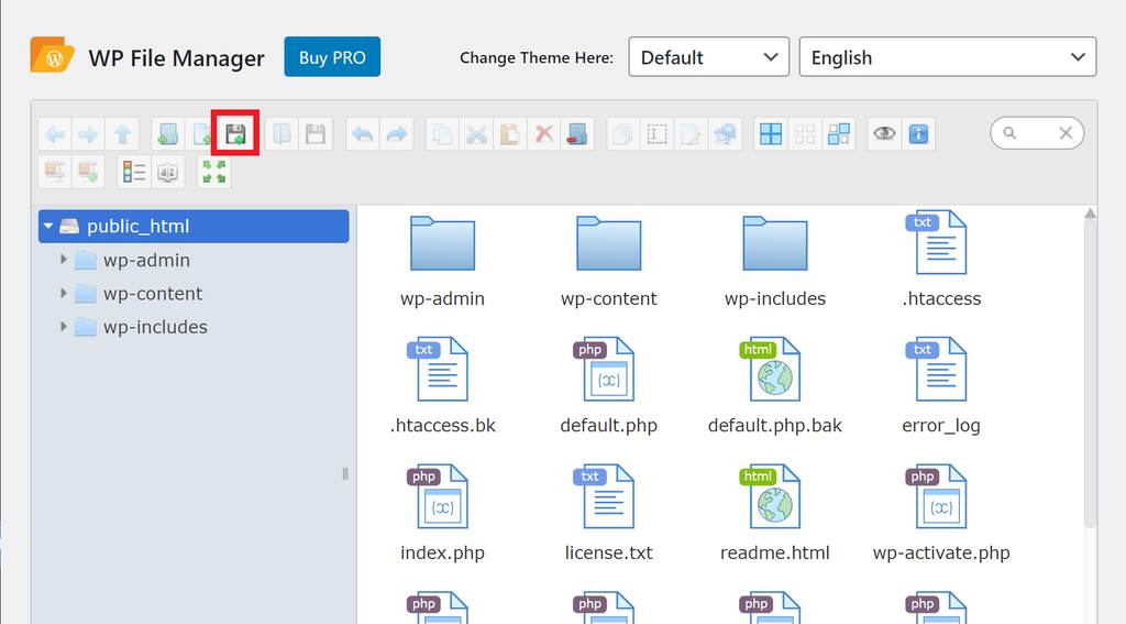 Destaque para o botão de Upload de arquivos do plugin WP File Manager