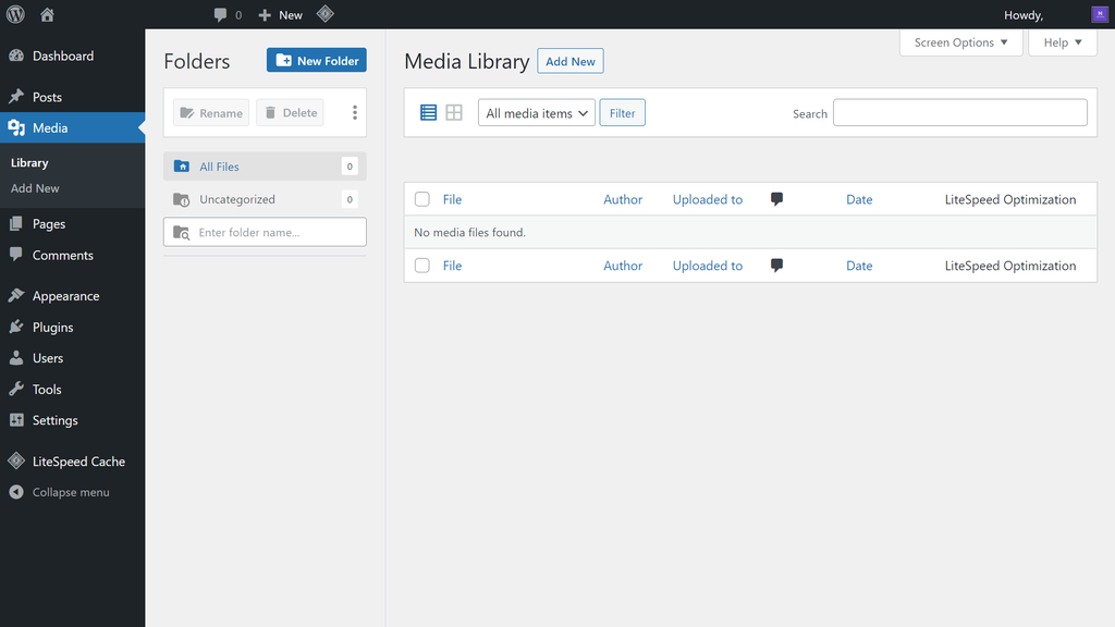 Painel da biblioteca de mídias do WordPress