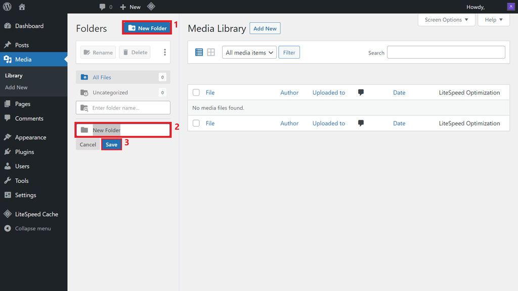 Criação de nova pasta na biblioteca de mídias do WordPress