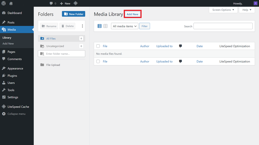 Adição de novo arquivo na biblioteca de mídias do WordPress