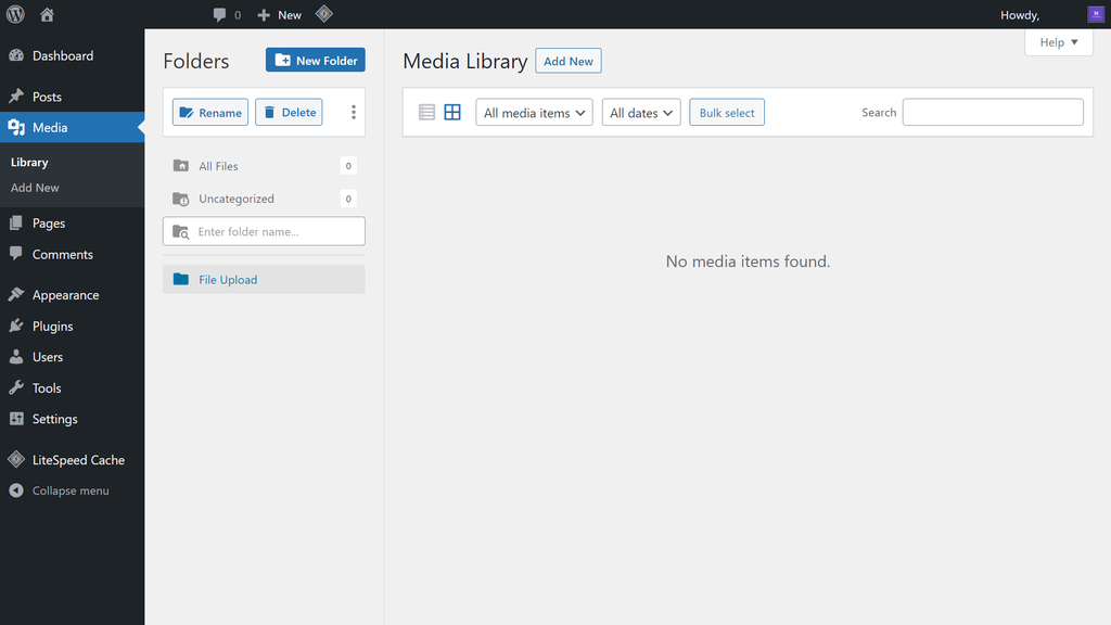 Painel da biblioteca de mídias do WordPress