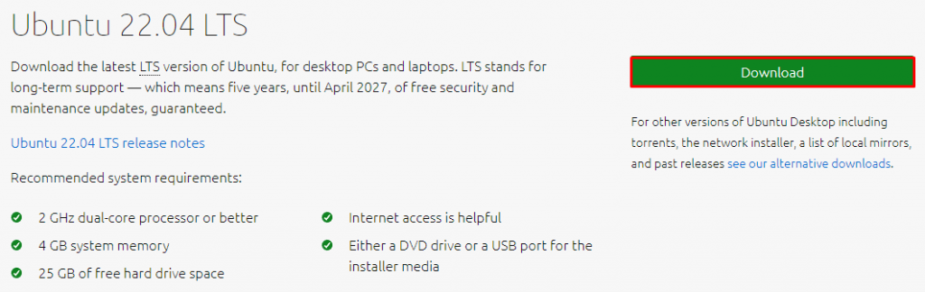 Página de download oficial para distribuição Linux de desktop – Ubuntu 22.04 LTS. Borda vermelha indicando o botão de download