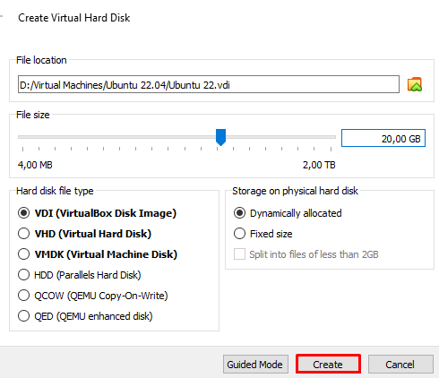 Janela do VirtualBox para especificar o tamanho, tipo e armazenamento do disco rígido