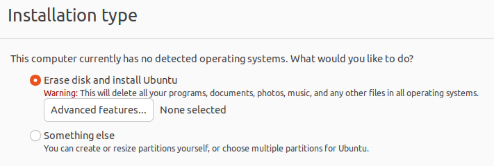 Etapa do instalador do Ubuntu para selecionar o tipo de instalação