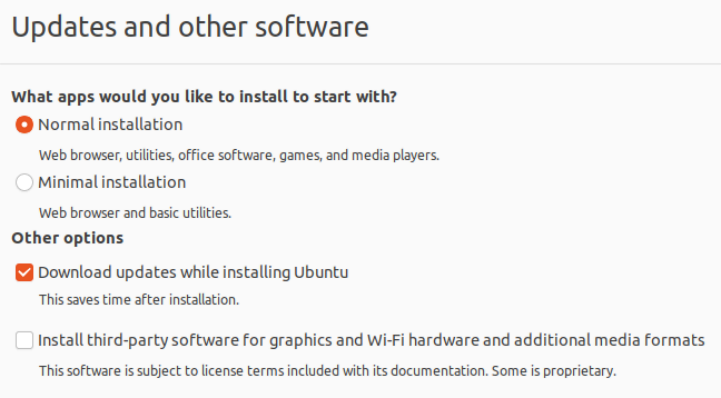 Etapa do instalador do Ubuntu para selecionar as configurações de atualização e especificar se um usuário deseja uma instalação normal ou mínima