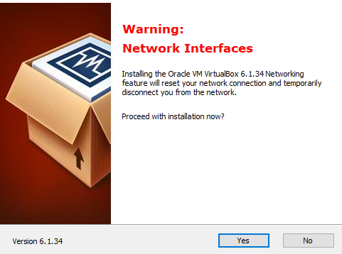 Aviso de interfaces de rede do instalador do VirtualBox