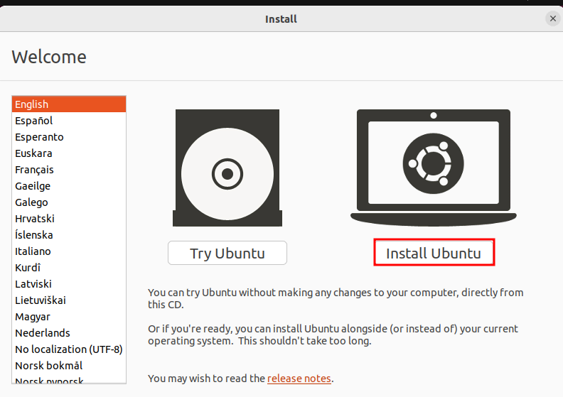 Etapa do instalador do Ubuntu para escolher o idioma principal. A borda vermelha indica o botão para instalar o Ubuntu