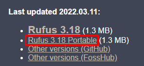 Página de download oficial do Rufus 3.18 Portable. É usado para montar arquivos ISO em dispositivos USB