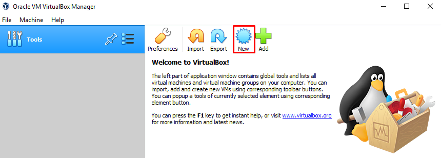 Janela principal do VirtualBox. A borda vermelha indica o botão para criar uma nova máquina virtual