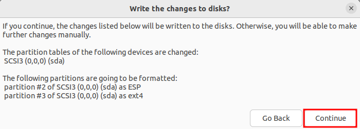 Etapa do instalador do Ubuntu avisando o usuário sobre a partição raiz que será criada