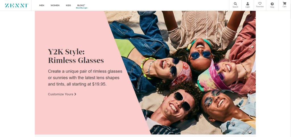 Homepage da loja online Zenni Optical