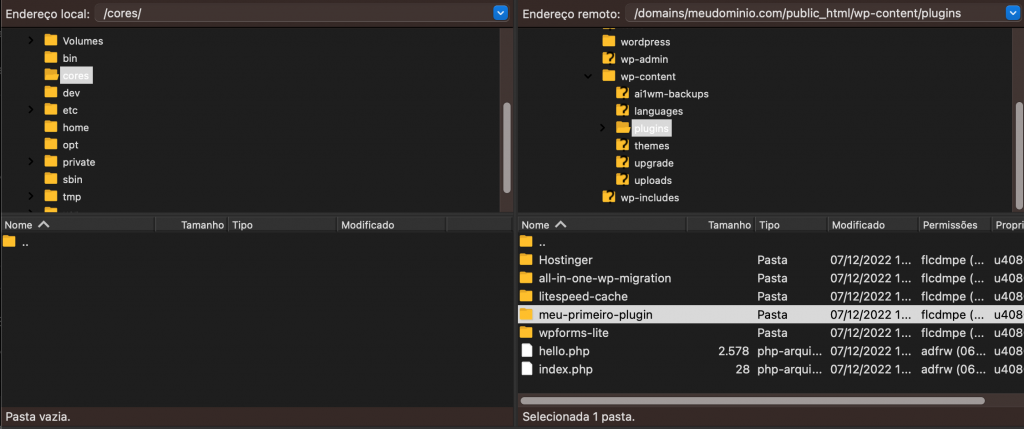 criando pasta do meu primeiro plugin no FileZilla