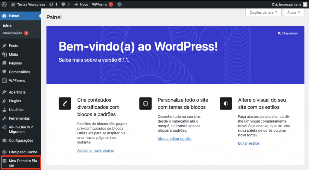 meu primeiro plugin no menu de administrador do wordpress