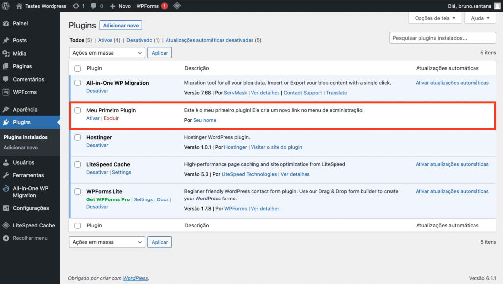 meu primeiro plugin no painel de plugins do wordpress