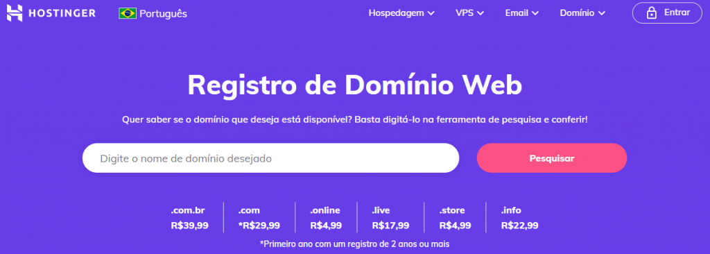 Compre um domínio na Hostinger