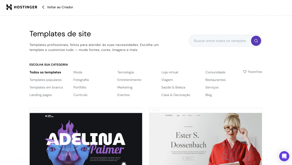 templates no criador de sites da hostinger