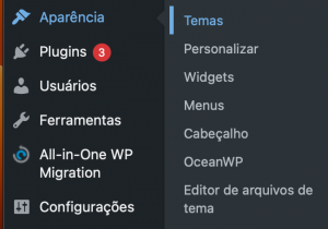 acessando temas no menu aparência do wordpress