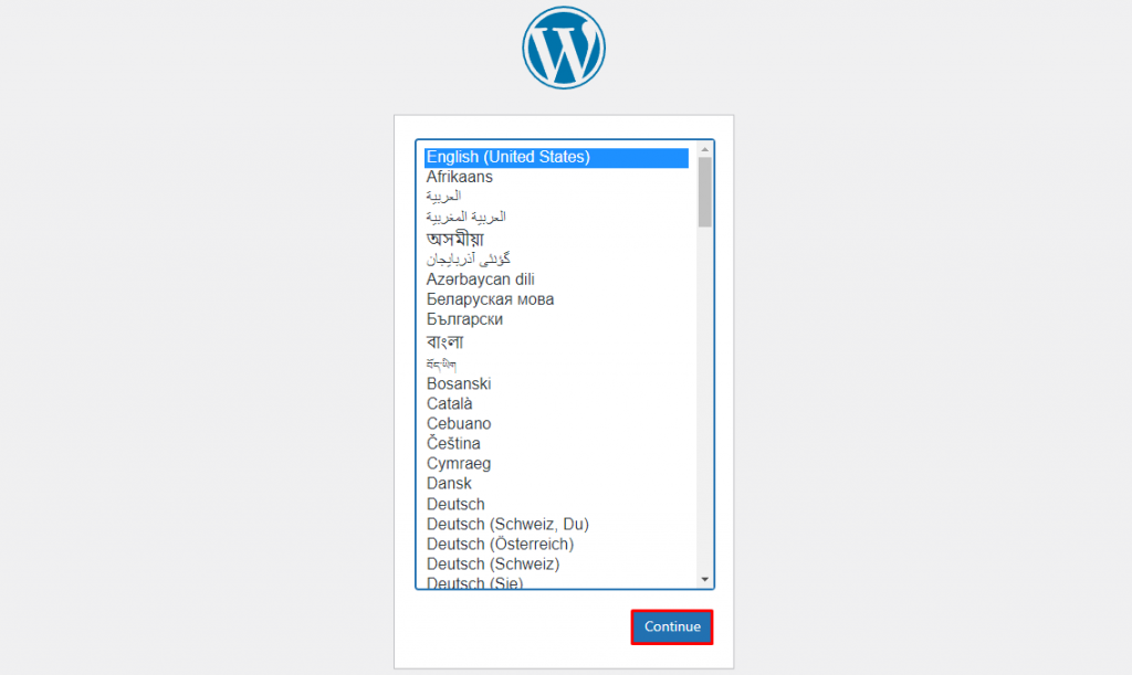 Configuração WordPress - escolha do idioma.