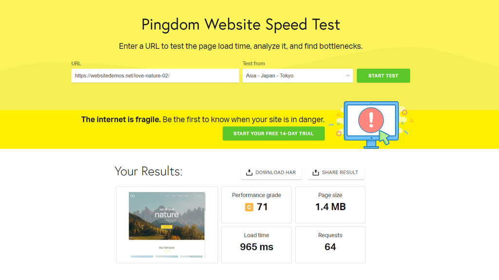 Ferramenta de teste de velocidade Pingdom para verificar o grau de desempenho de um site de demonstração, tamanho da página, tempo de carregamento e número de solicitações
